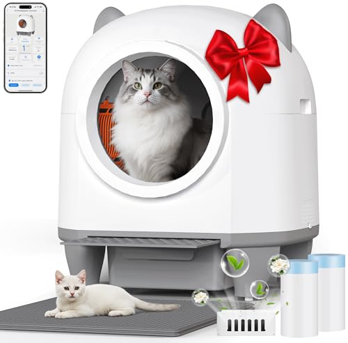 TRIUMPHKEY Arenero Automatico Gatos, Arenero Gatos Autolimpiable Grande de 90L con Control por App/Protección Anti-Atrapamiento/Sistema de Eliminación de Olores, para Familias con Múltiples Gatos