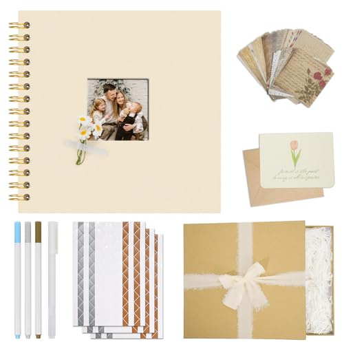 Vienrose Álbum de Scrapbook DIY Kit Completo 20,5 x 20,5 cm con Tapa de Lino, 40 Páginas Blancas y Accesorios Decorativos, Regalo para Bodas, Nacimiento, Viajes, Cumpleaños, Navidad, Beige