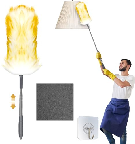 Holoras 1.3m Staubwedel Lammwolle Teleskop mit Ersatzkopf, Mikrofasertuch, Haken, staubwedel waschbar für Möbel, Decken & empfindliche Flächen, kratzfreies Entstauben