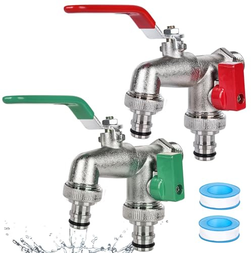 2 Stück Doppel Auslaufhahn, Doppel Wasserhahnb, Garten Wasserhahn, Wasserhahn 1/2 Zoll mit O-Ringe Dichtungen 7m PTFE-Dichtband für Garten Haushalt, Hochwertiger Zinklegierungs 2 getrennte Ausläufe