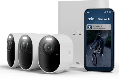Arlo Ultra 3 4K Akku Überwachungskamera Aussen mit SmartHub, 3-Kamera-Set | 180° Sichtfeld, 4K UHD, Auto-Tracking, KI-Erkennung, SmartHub Speicher, Alexa, Arlo Secure Testzeitraum inklusive