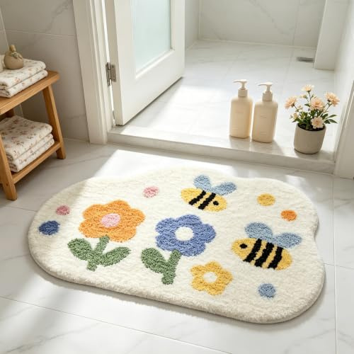 Bath Mat, Cute Flower Bathroom Rugs with Soft Thickened Microfiber, Absorbent Quick Dry Non Slip Bathtub Floor Mat, Machine Washable Plush Shaggy Mat for Bedroom Shower Doorway 20 x 31 (Flowers)