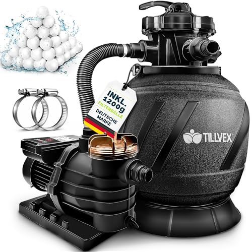 tillvex Depuradora de Agua para Piscina con temporizador 13.200L/h hasta 40.000L + 1200g Bolas de Filtro - 7 Funciones de Filtrado & Adaptador 2en1 Ø32-38 mm - Bomba de Filtro de Arena con Válvula