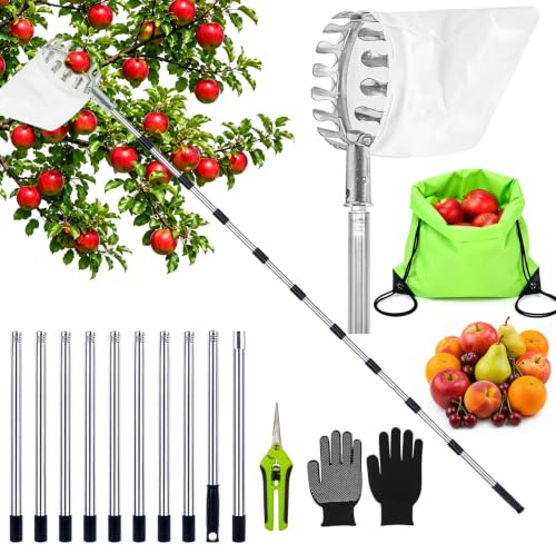 Spetsbst 4.2M Obstpflücker mit Baumwolltasche, Pflanzenschere & Handschuhe | 4.2M Obstpflücker mit Teleskopstiel Apfelpflücker Kirschenpflücker Pflaumenpflücker Setfür Garten Obsternte