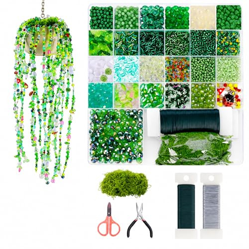 Generisch Set di perline per piante fai da te, 2700 pezzi, perline di vetro verdi da infilare con filo per fiori e muschio, kit per piante per adulti, set fai da te per la decorazione della casa
