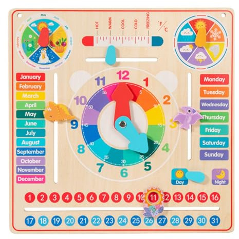 LeeQinersw Lernuhr Kinder Zeit Lernspielzeug Kalenderuhr Holzuhr Spieluhr Jahreszeiten Funktion für Vorschule Zuhause Klassenzimmer