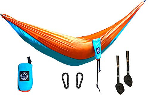 Monkey Swing Hängematte Ultraleicht inkl. Karabiner & Schwerlastgurten (bis 300  kg belastbar, 275 x 140 cm) – ideal für Camping, Outdoor, Trekking & als Reisehängematte (Türkis/Orange)