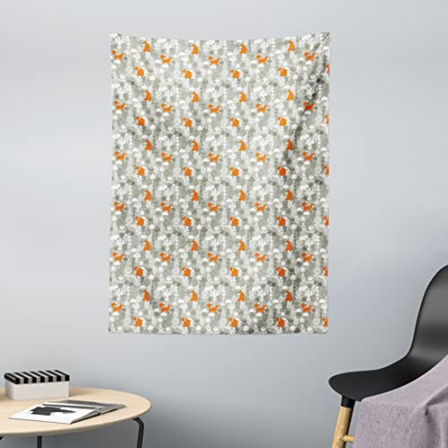 ABAKUHAUS Fuchs Wandteppich, Kleine Tiere der europäischen Wälder Doodle Style Floral Arrangement, aus Weiches Mikrofaser Stoff Wand Dekoration Für Schlafzimmer, 110 x 150 cm, Orange Weiß