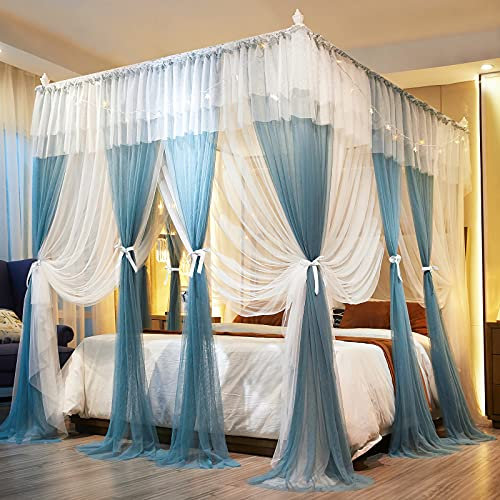 Joyreap Luxuriöse Betthimmel-Vorhänge mit 4 Ecken, Blau und Weiß, gemütliches Drapiernetz – niedliche Prinzessinnen-Schlafzimmer-Dekorations-Zubehör (150 cm B x 198 cm L, Full/Queen)