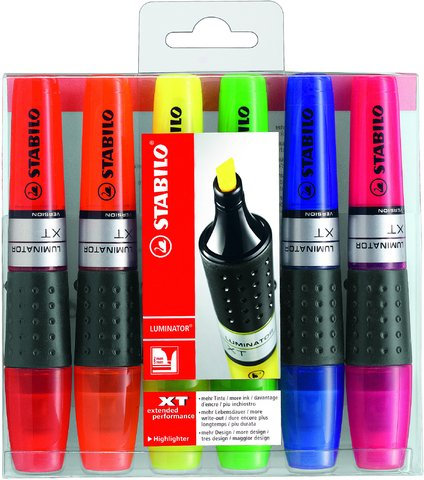 STABILO® Textmarker LUMINATOR®, Keilspitze, 2-5 mm, Schreibfarbe: 6er sortiert (6 Stück), Sie erhalten 1 Etui á 6 Stück