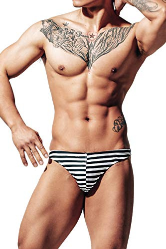 Lantra Besa Herren T Back G String Thong Badehose Bikini Bottom Slip für Sommer Schwimmen MEHRWEG cm (Typ 123) - Schwarz-Weiß Gestreift (L, um 2 Größen Kleiner als DE Norm)