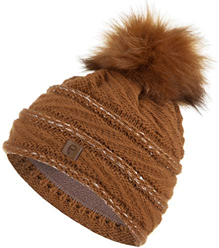 Faera Wintermütze Mütze Damen warm gefüttert mit Pailletten Kunstfell Bommel-Mütze Fleecefutter Winter Herbst Strickmütze Beanie Mädchen 62