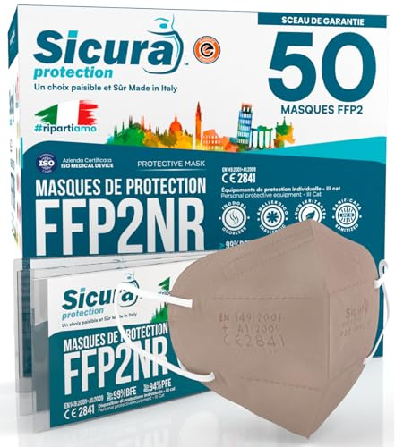 50 Mascherine FFP2 Certificate CE Colorate TORTORA SICURA Protection | BFE ≥99% Made in Italy Mascherina ffp2 vera Marcatura EFFETTO PULITO e sigillata