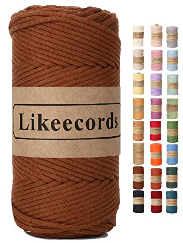 Likeecords Makramee Garn Geflochten 3mm x 100m,100% Natürliches Baumwollschnur Makramee-Schnur, Makramee-Seil, Bunte Bastelkordel aus Baumwolle für Taschen, Wandbehänge, Pflanzenaufhänger (Braun)