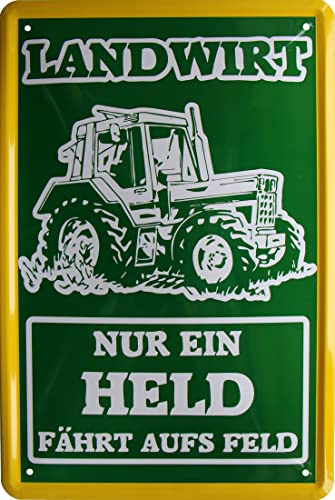 WOGEKA ART Retro Blechschild - Nur ein Held fährt aufs Feld - Landwirt - witziger Traktor Spruch als Geschenk-Idee Geburtstag Weihnachten Deko 20x30 cm Vintage-Design Metall 1044