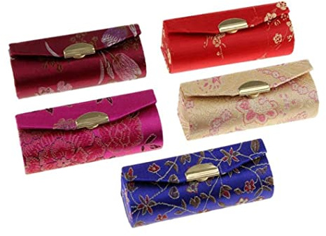 CurcKua Portable Lipstick Case Chinese Style Floral Lip Balm Organiser with Makeup Mirror 5PCS.