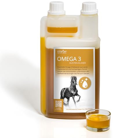 STRÖH Omega 3 flüssig für Pferde - Omega-3 Fettsäuren - 1L Dosierflasche | Aus Leinöl, Traubenkernöl & Fischöl - 100% Natürlich - Stoffwechsel, Immunsystem, Fellglanz - Viele essenzielle Fettsäuren