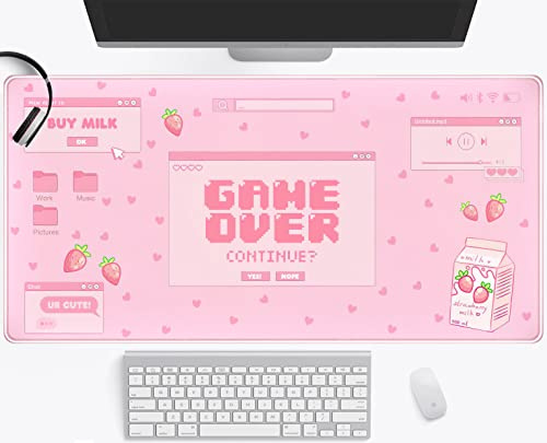 Rosa niedliche Schreibtischunterlage Kawaii Mauspad Anime Gaming Schreibtischunterlage XXL, Pastell Erdbeermilch Mauspad groß, ästhetische Laptop-Tastaturmatten für Schreibtisch, volles