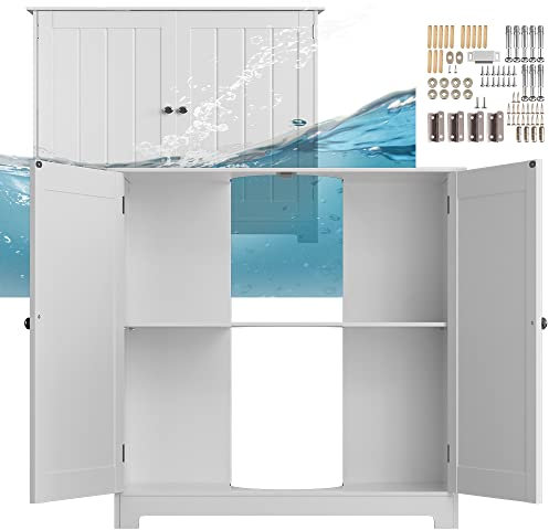 Meuble sous lavabo étanche avec double porte et étagère réglable, meuble de salle de bain sur pied sous évier 2 portes en bois pour salle de bain 60 x 60 x 30 cm