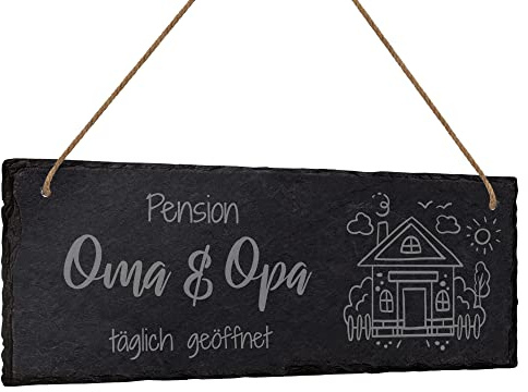 mtb more energy Schiefertafel zum Aufhängen ''Pension Oma & Opa'' - 25x10 cm - hochwertige Laser Gravur auf Natur-Schiefer - inklusive Kordel - tolles Geschenk für Großeltern