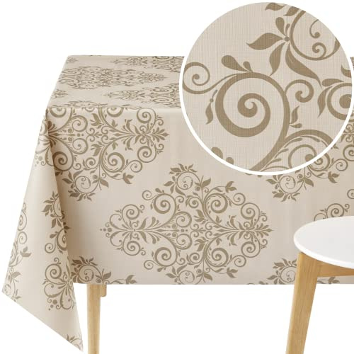 KP HOME Waterproof PVC Wipe Clean Table Cloth - Rectangle Oilcloth 118 X 55 in | 300 X 140 cm - Classic Baroque Vinyl Tablecloth Wipeable - Garden Plastic Table Cover Wipe Down in Cream Beige