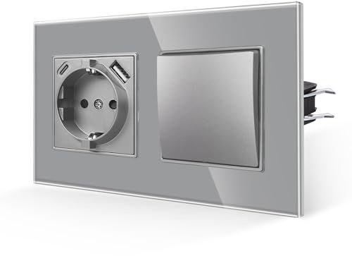 JIMEIDA Schalter-Steckdose mit USB-A&C, Glas grau, 16A, 157x86mm | Steckdose, 2x USB (A+C) 2,1A, 16A, Glas Panel, Kindersicherung, Feuerfest, Unterputz, 157x86mm, grau