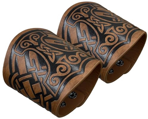 HiiFeuer 2 Stück Wikinger geprägte Kunstleder Manschette Armband, Nordischem Retro Cuff Bracelet Armbänder, Nordic Mjolnir Vegvisir Muster Manschette Armreif Wristband