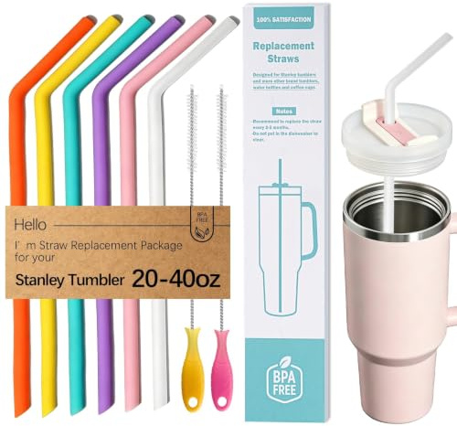 WK ieason Ersatz Silikon Strohhalm Wiederverwendbare Bendy Trinken Strohhalme Kompatibel mit Stanley 20-40oz Tumblern und andere Marken mit 2 bunten Bürsten, Farbe ungiftig Strohhalme für Kleinkinder