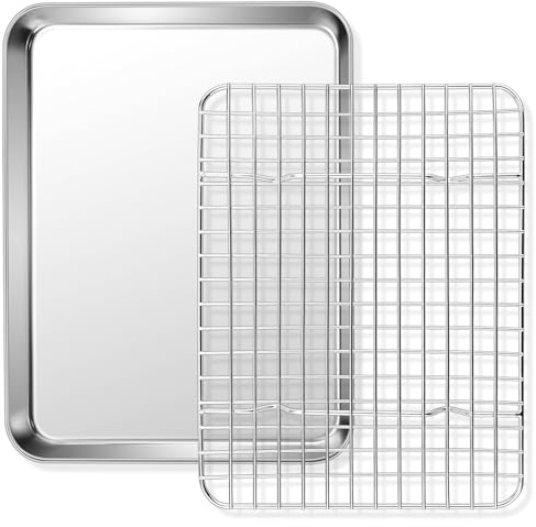Homikit bakplåt med kylgaller, 31,5 x 24,6 x 2,5 cm, rostfritt stål, tårtplåt | Rektangulär ugnsplåt och kakgaller, för bakning stekning, hälsosam, giftfri, diskmaskinssäker, rutnät med fyrkantiga maskor