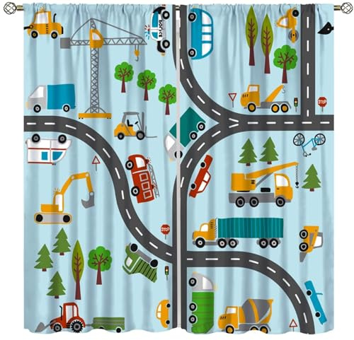 Auto-Vorhang für Jungen, Cartoon-Motiv, Bus, niedliches Fahrzeug, Straße, Stadtkarte, Druckvorhang, blau-weiße Streifen, Gitter, geometrisch, wasserdicht, für Jungen und Mädchen, Schlafzimmer,