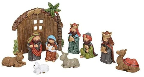 Generisch Krippenfiguren Firguren naiv modern mit Krippe, aus Polyresin, bunt bemalt, 10 teilig, 3-17 cm