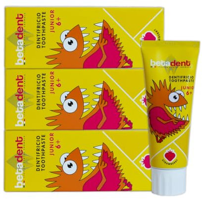 Betadent KIT 3 DENTIFRICIO JUNIOR 6+ FRAGOLA per bambini dai 6 anni. Formulazione naturale, antiplacca e anticarie. Equilibrato dosaggio di Sali di Fluoro alla concentrazione di 950 ppm F. 3x75ml