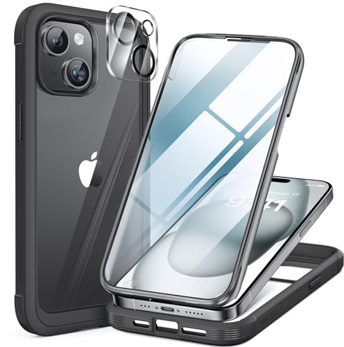 Miracase Glass Case for iPhone 15 Case 6.1-Inch, Full Body Bumper Clear Back Cover and Built-in 9H Tempered Glass Screen Protector + Camera Lens Protector (Black)