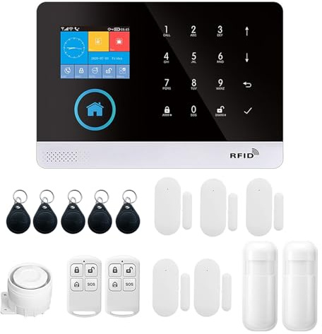 HUIOP Sistema di sicurezza di allarme wireless WIFI + GSM 433 MHz,display LCD,sensore di porta,sensore di movimento PIR,app telefono,telecomando compatibile con Alexa Home,comando,PIR Parola