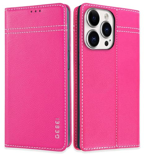 Gebei Hülle Echt Leder für iPhone 15 Pro Max (6,7) - Premium Echte Lederhülle mit Standfunktion Kartenfach Magnetverschluss Flip Case Ledertasche Handyhülle Schutzhülle Klapphülle – Pink