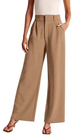 Weite Stoffhose Damen Palazzo Business Hose Damen Elegant Sommer Freizeithose Lockere Hosen Damen Lang High Waist Schwarze Anzughose Sommerhose Stoffhose Damen Khaki#01 M