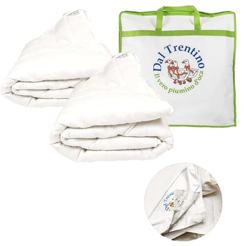 Vico Casa® Piumino piazza e mezzo 4 stagioni, in 100% piuma d’oca, Modello Cortina Duo / 3+2 punti di calore; Due piumoni 200x200cm con bottoni e asole da unire per l'inverno