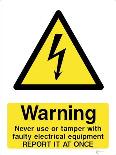Warning Never Use Or Tamper With Faulty Electrical Equipment Report It At Once - Electrical Hazard Signage - Durable, High-Visibility UK Compliance Sign (A5 200x150mm Self Adhesive Sticker)