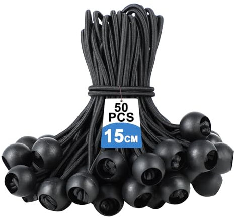 Confezione da 50 cordini elastici con sfera – Tendeurs per teloni, corda elastica per teloni, corde elastiche – Anelli elastici neri con sfera in plastica per teloni, tende e tarps.