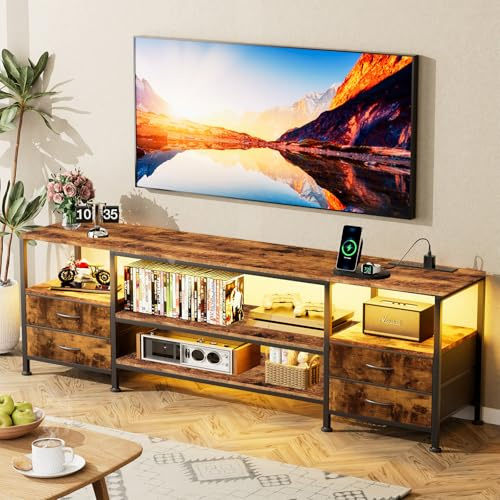 Meuble TV LED, Table Television Salon avec Port et Prise USB, Banc TV 160x40x63 cm, Éclairage LED RGB avec Couleur Réglable, Cadre en Acier, Meuble TV Chambre pour Salon/Chambre (Marron Rustique)