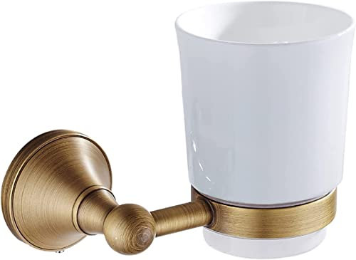 Zahnbürstenhalter im Vintage-Stil, antikes Messing, Wandmontage, Keramikbecher, Badezimmer-Accessoire, Retro, gebürstete Oberfläche