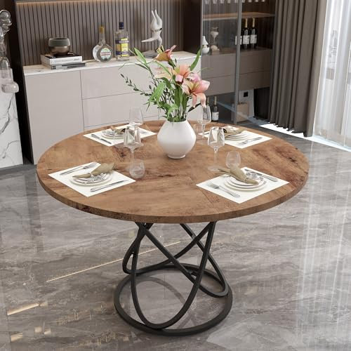 GOLDFAN Wooden Dining Table, 120cm Round Large Kitchen Tables for 6-8 People, Rustic Style with Metal Legs for Dining Room Kitchen Cafe (Only Table)