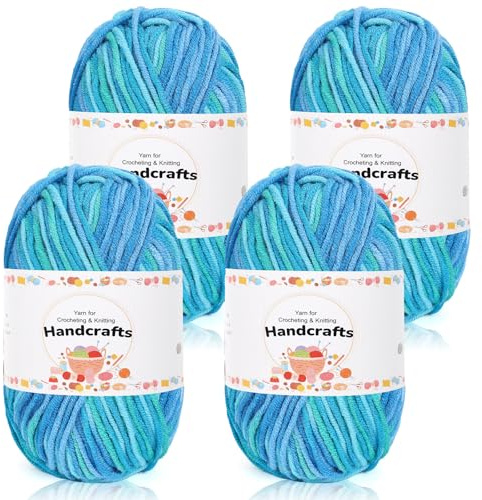 Aeelike 200g(4x50g) Farbverlauf Garn Baumwollgarn zum Häkeln, Bunt Strickgarn Acryl Häkelgarn Zum Stricken, Häkeln und Kunsthandwerk, 5Ply Acrylwolle Set Baumwolle für Anfänger, Profis, Seeblau