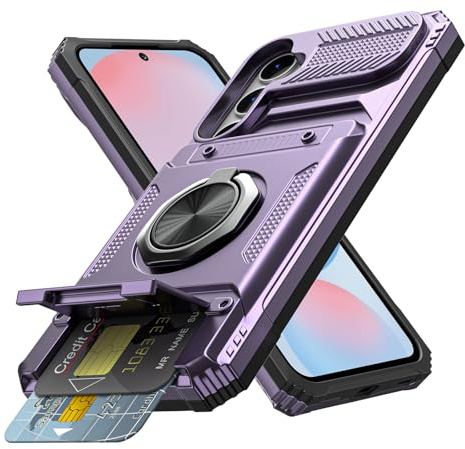 Coolden for Samsung S24 FE Case with Card Holder [Max 2 Cards] Ring Kickstand Armor Shockproof Military Grade Dual Layer Heavy Duty Protective Wallet Case Cover for Samsung Galaxy S24 FE Case-Purple