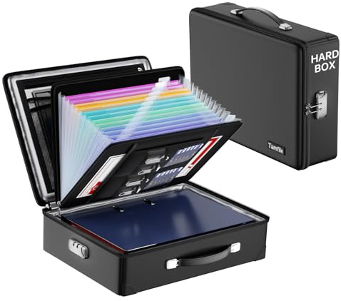 Tamfile Fireproof Document Box, Hard-Shell Water Resistant Safe Box with Fireproof Zipper & Lock, Portable File Storage Organiser Box for Important Documents, Laptop, Passports and Valuables, Black