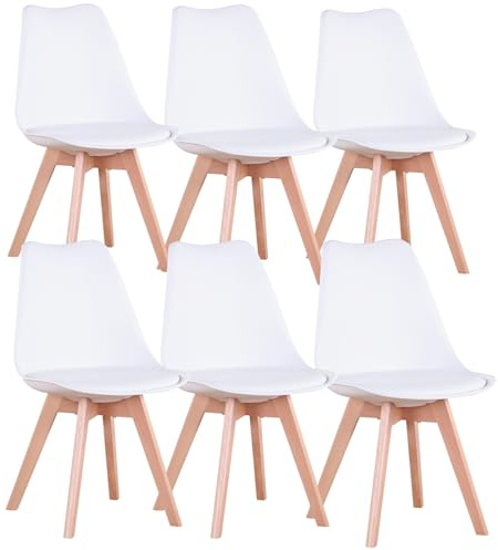 GrandCA HOME 6er-Set Esszimmerstühle, Skandinavische Stühle, Skandinavisches Design, Massivholzbeine, Ergonomisch, für Esszimmer, Wohnzimmer, Küche & Schlafzimmer (Weiß,6)