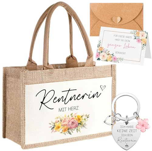 Tenare 4er Set Renteneintritt Geschenk Frau Rentnerin Jutetasche Metall Rentnerin Schlüsselanhänger mit Gravur Dankeskarte Umschlag Abschiedsgeschenk Kollegin zum Pensionierung