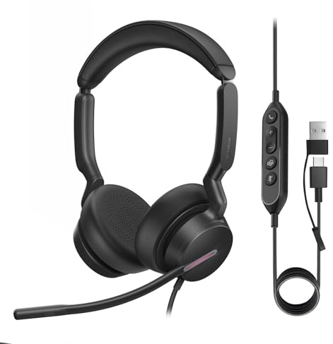 Yealink UH46 USB Stereo Headset mit Mikrofon Schnurgebundenes Büro Headset | Teams Dual Kopfhörer mit Geräuschunterdrückung Mikrofon Kabel USB-C/A für PC Office Callcenter mit Anrufsteuerung Busylight