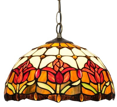 CraftedGlass Plafonnier style Tiffany, 30 cm, suspension en verre teinté, tulipes rouges, décoration vintage, lustre for cuisine, salle à manger, salon, chambre à coucher, couloir