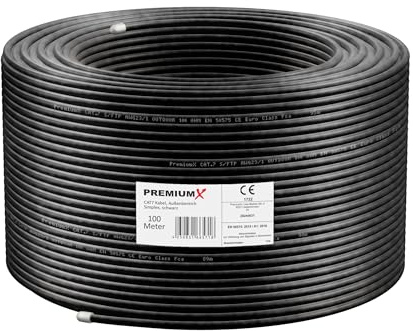 Premium X Cable de red para exteriores CAT 7, 100 m, S/FTP, PE, AWG23/1, 10 Gbps, doble apantallamiento, resistente a la intemperie, resistente a los rayos UV, cobre, negro